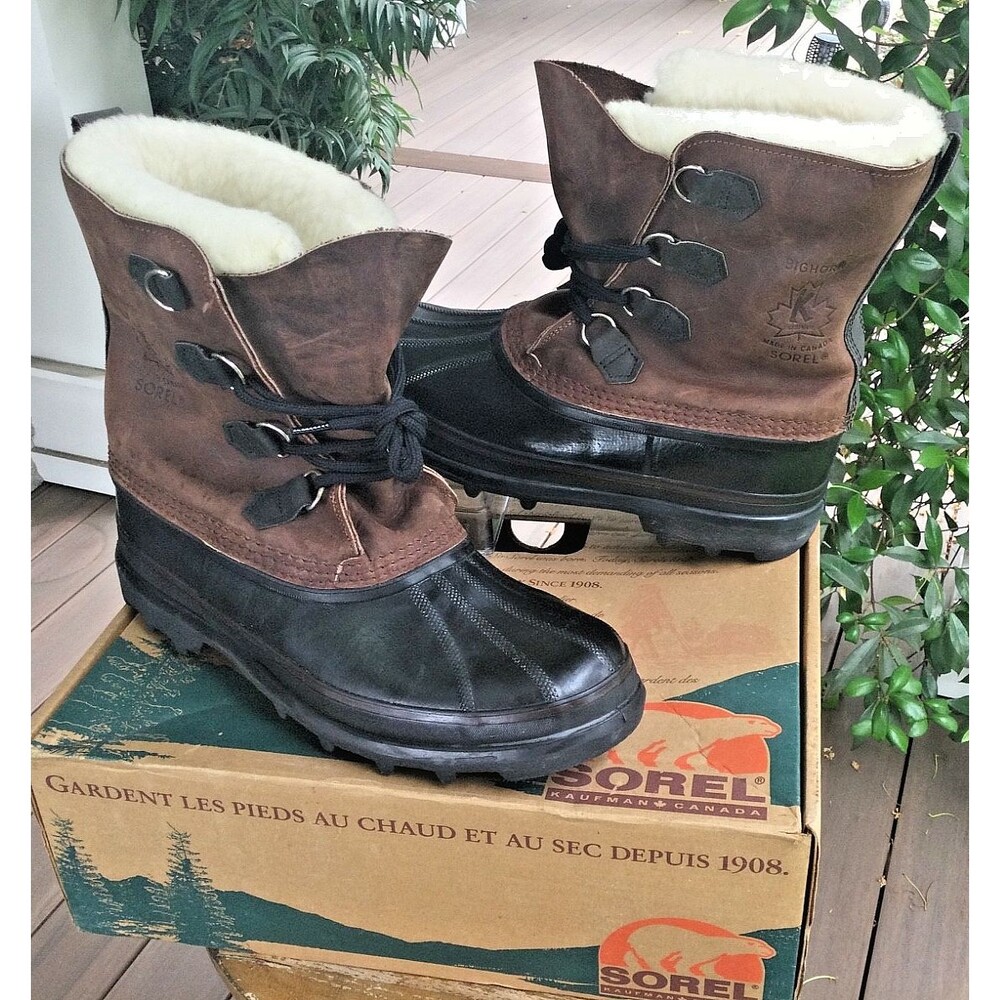 Sorel Leather Boots Mens 12 Bighorn Gaucho Lined Winter Rubber Snow with BOX